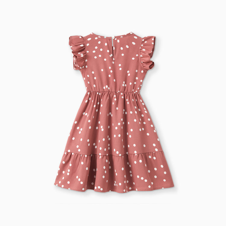 All Over Dots Pink Cross Wrap V Neck Ruffle Flutter-sleeve Dress for Mom and Me PinkyWhite