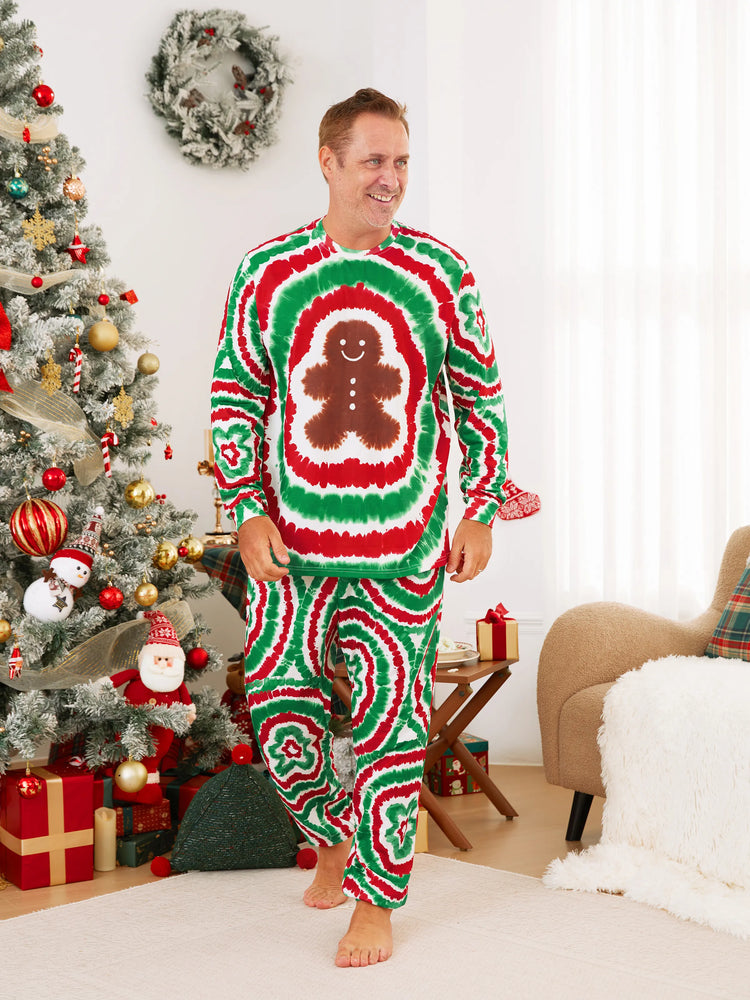 Ensemble pyjama de Noël familial rouge et vert motif bonhomme en pain d'épices tie-dye avec chaussettes de Noël multicolores