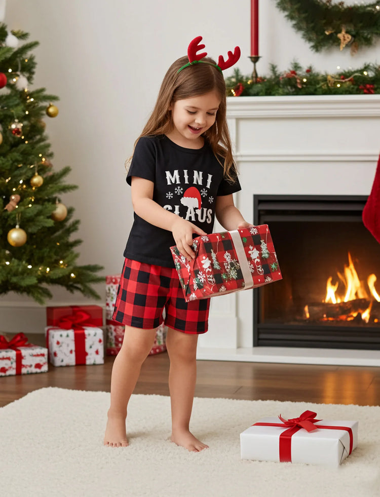 Christmas Hat and Letter Print Black Family Matching Short-sleeve Plaid Pajamas Sets Black