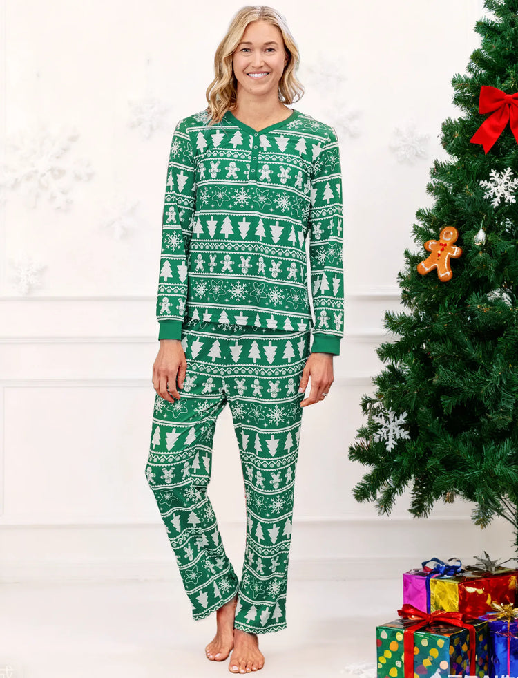 Christmas Matching Family Pajamas Set Gingerbread Man and Snowflake Pattern Long-sleeve Green PJS with Christmas Socks Dark Green