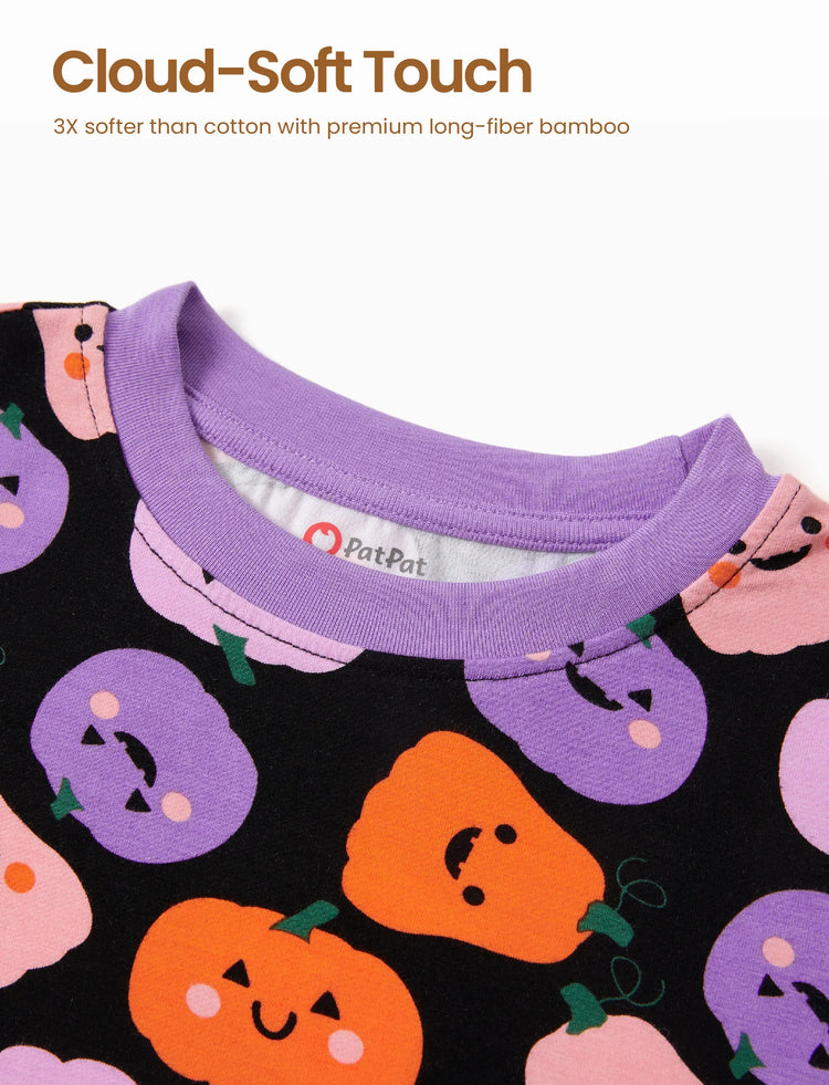 Pyjama de Noël/Halloween 2 pièces en bambou avec imprimé enfantin pour petite fille (ajusté) Rose violet