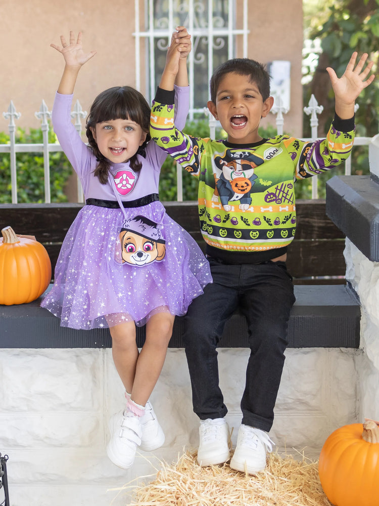 Ensemble 2 pièces Paw Patrol pour petite fille, robe d'Halloween à manches longues en tulle et sac ou chapeau Skye, violet