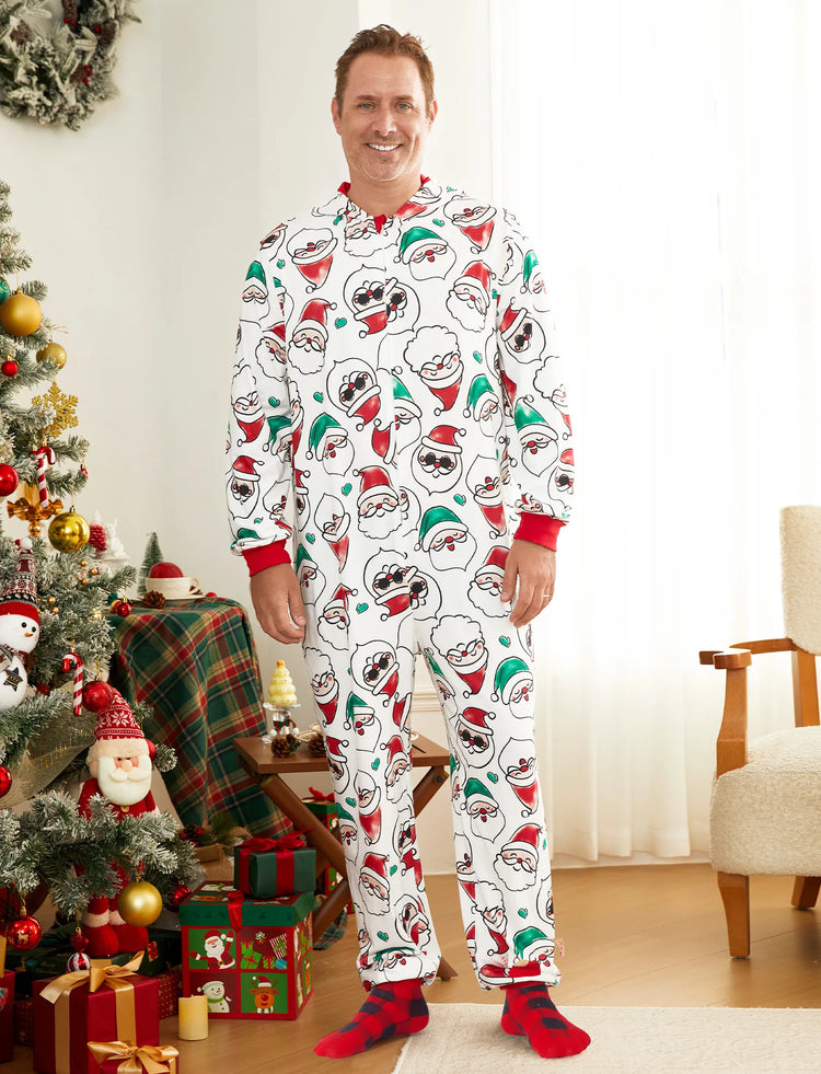 Christmas Matching Family Pajamas Set Santa Claus Allover Print Hooded Onesie PJS with Christmas Socks ColorBlock