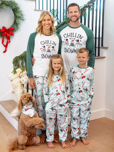 Ensemble pyjama de Noël assorti pour toute la famille, imprimé bonhomme de neige et chaussettes de Noël vert menthe