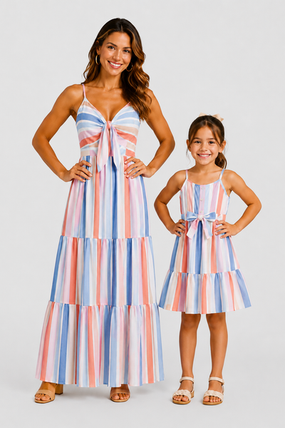 Mommy and Me Family Matching Blue Short-sleeve Tee or Colorful Stripe Camisole Dress Multi-color