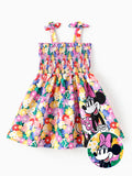 Disney Mickey and Friends Toddler Girl 1pc Minnie Floral Allover Print Bowknot Smocked Sundress Multi-color
