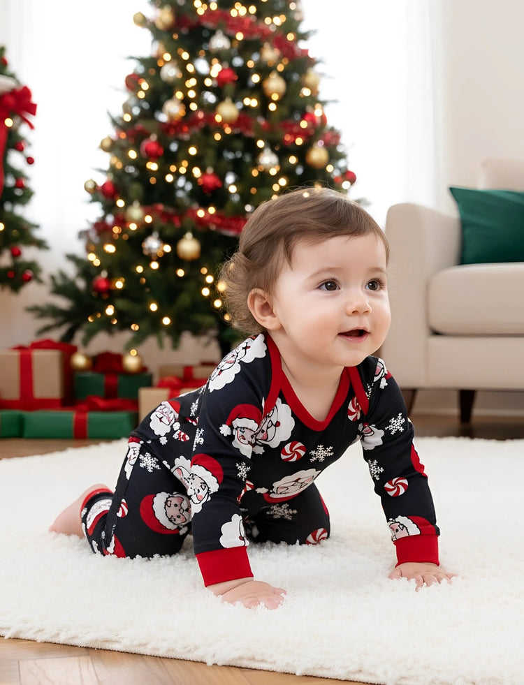 Christmas Matching Family Pajamas Set Cartoon Christmas Claus Print Long-sleeve PJS with Christmas Socks Black