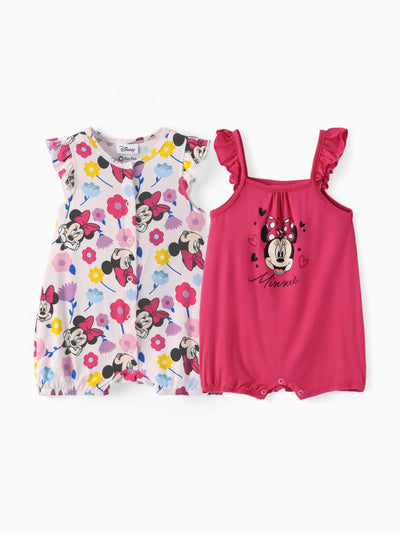 Disney Mickey and Friends Baby Girl 2pcs Minnie Bamboo Ruffled Allover Print Romper Hot Pink