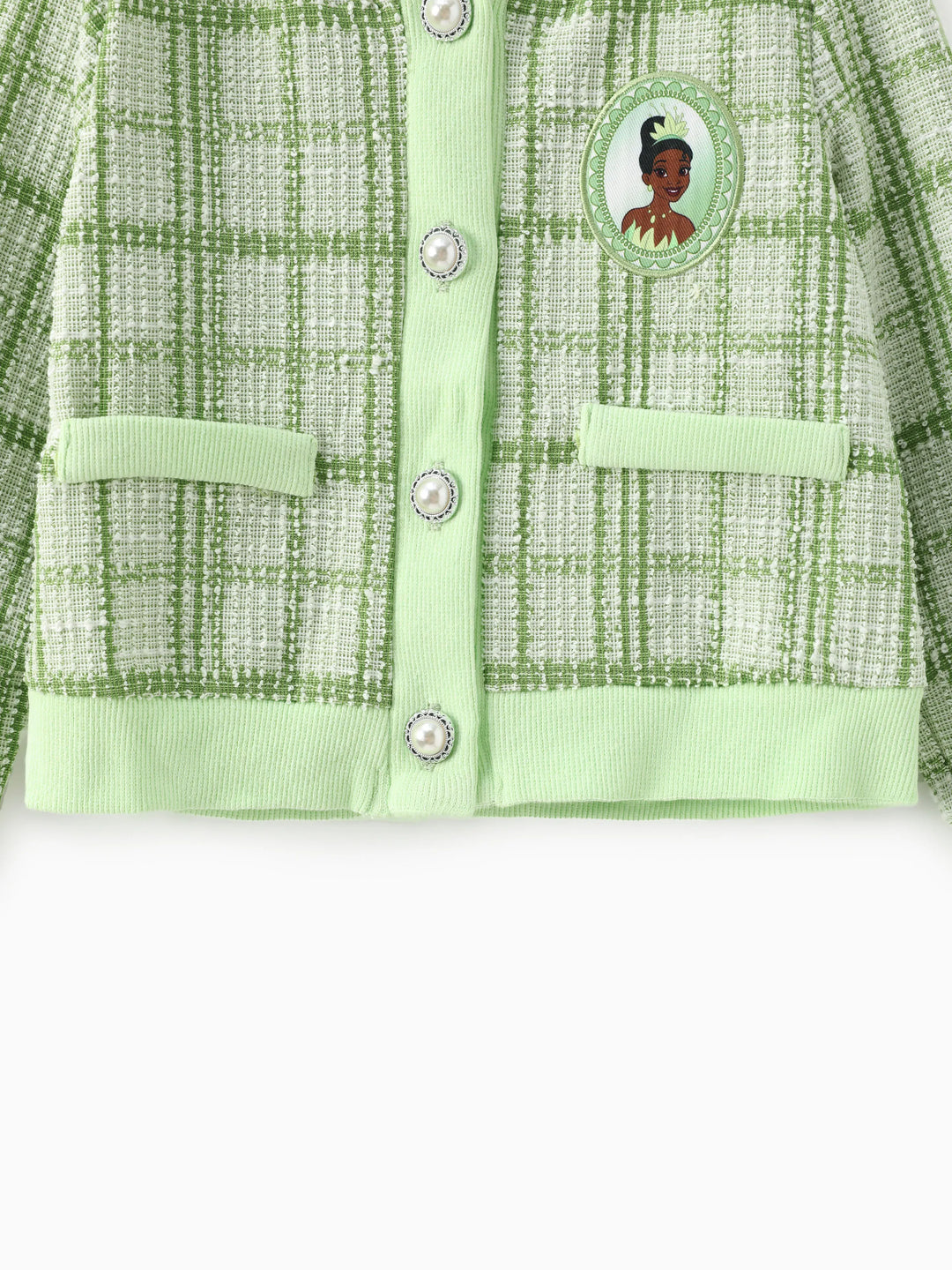 Ensemble 2 pièces princesse Disney Tiana pour petite fille, cardigan en tweed à carreaux style Preppy avec jupe, vert