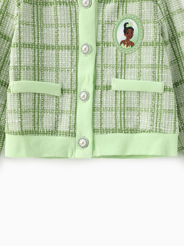 Ensemble 2 pièces princesse Disney Tiana pour petite fille, cardigan en tweed à carreaux style Preppy avec jupe, vert