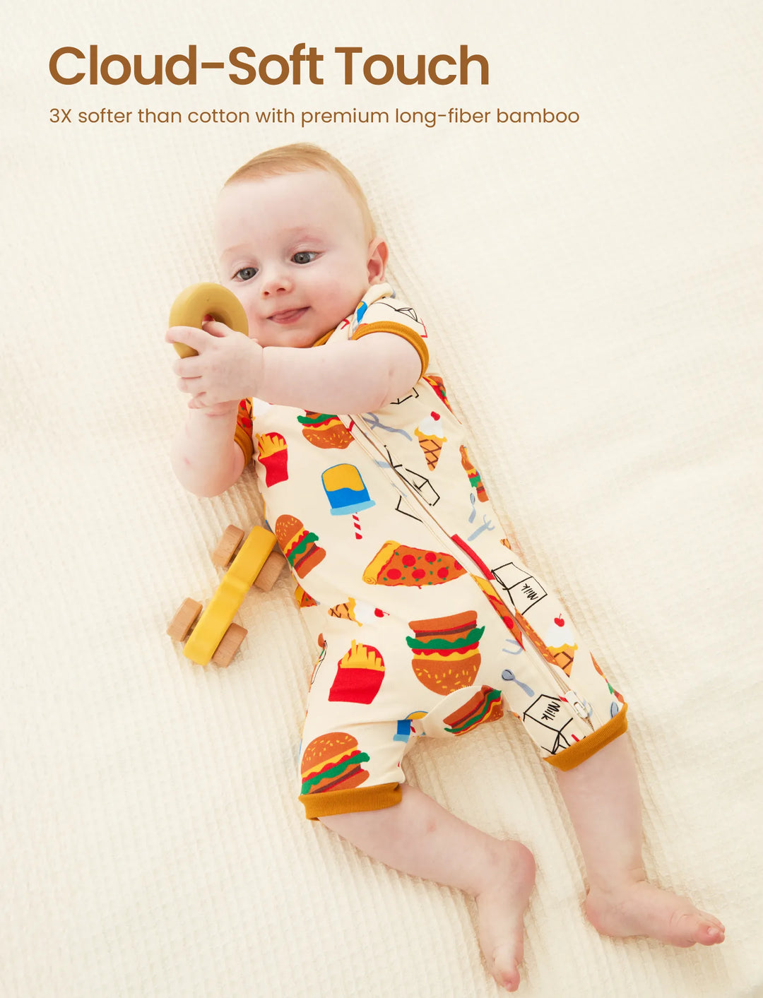 Bambus Baby Jungen/Mädchen 2-Wege Reißverschluss-Strampler mit Anti-Rutsch und kindlichem Essensmuster, Bambus-Schlafanzug (eng anliegend), Braun