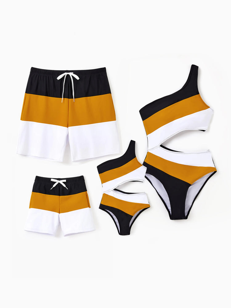 Family Matching Colorblock Swim Trunks Shorts or Cut Out Waist One-Shoulder One-piece Swimsuit Multi-color