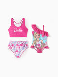 Barbie Mommy & Me Girls Ruffled Tropical Floral Print Swimsuit Hot Pink
