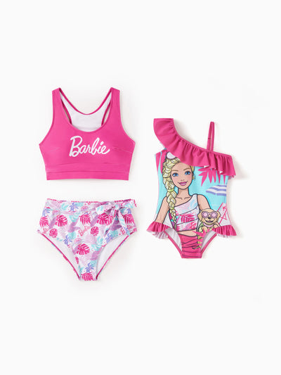 Barbie Mommy & Me Girls Ruffled Tropical Floral Print Swimsuit Hot Pink