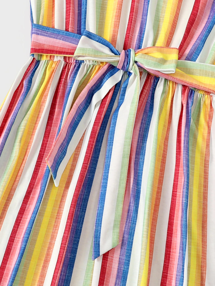 Family Matching Colorful Striped V Neck Flutter-sleeve Dresses and Short-sleeve T-shirts Sets COLOREDSTRIPES