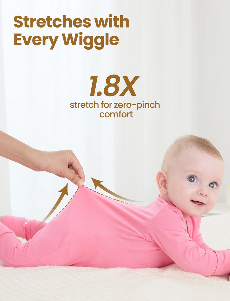 Lot de 3 grenouillères en bambou pour bébé garçon/fille, imprimées de couleurs unies et arc-en-ciel, avec fermeture éclair à double sens, antidérapantes, à manches longues et pieds roses