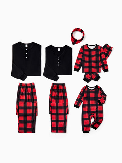Christmas Matching Family Pajamas Set Allover Red and Black Grid Print Long-sleeve PJS with Christmas Socks Red