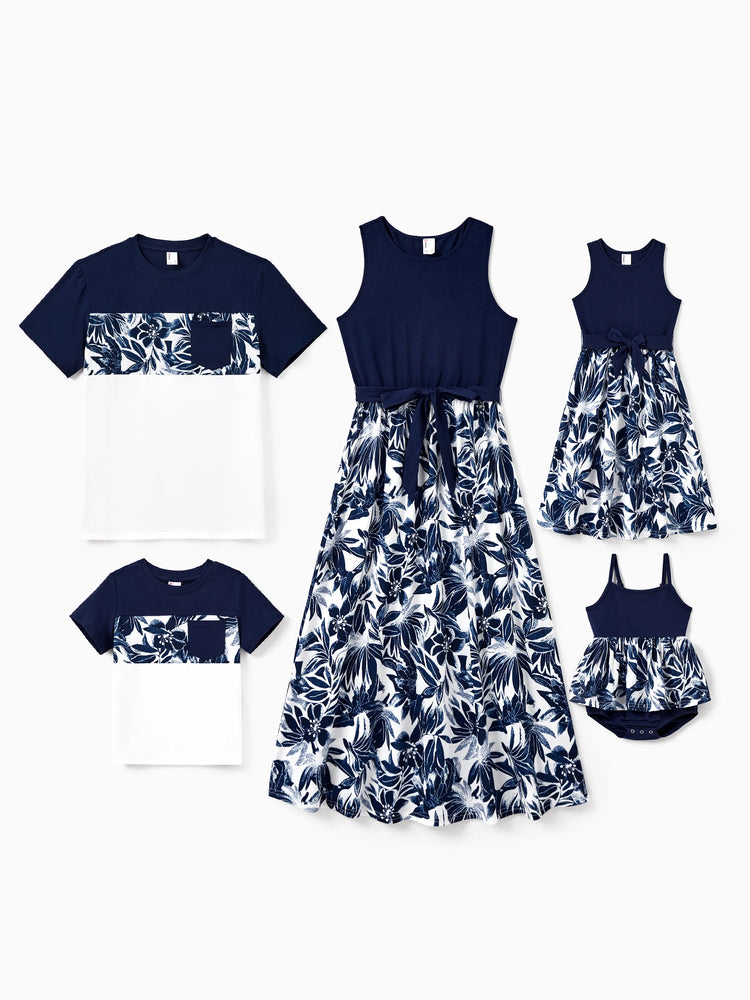 Toddler/Kid Girl Flora Print Splicing Tank Dress Deep Blue
