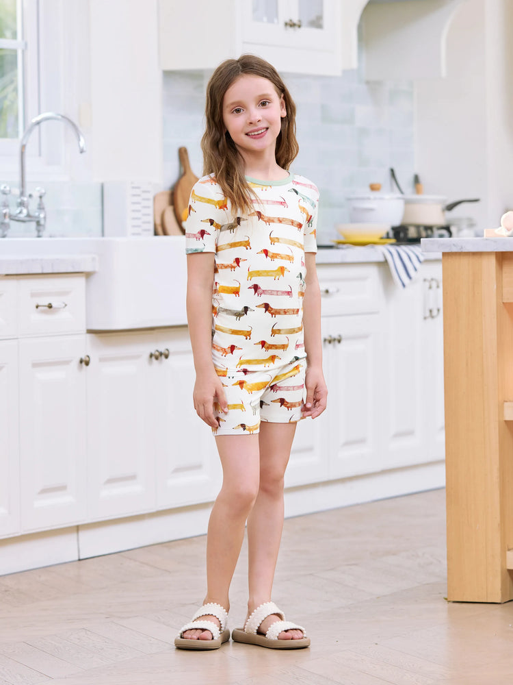 Bamboo Family Pajamas Cute Doggy Patterned Short-sleeve Matching Pajamas Set ( Snug-Fitting for Children ) Multi-color