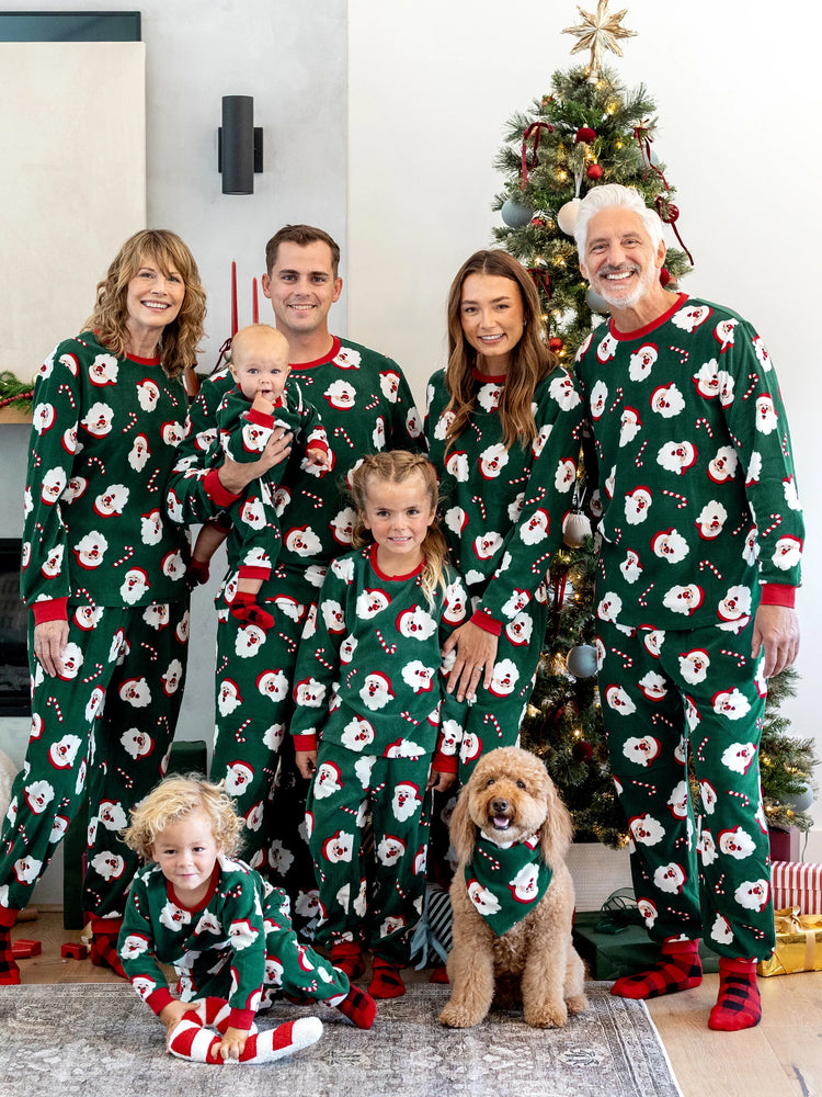 Christmas Matching Family Fleece Pajamas Set Santa Claus and Candy Cane Print PJS with Christmas Socks Dark Green