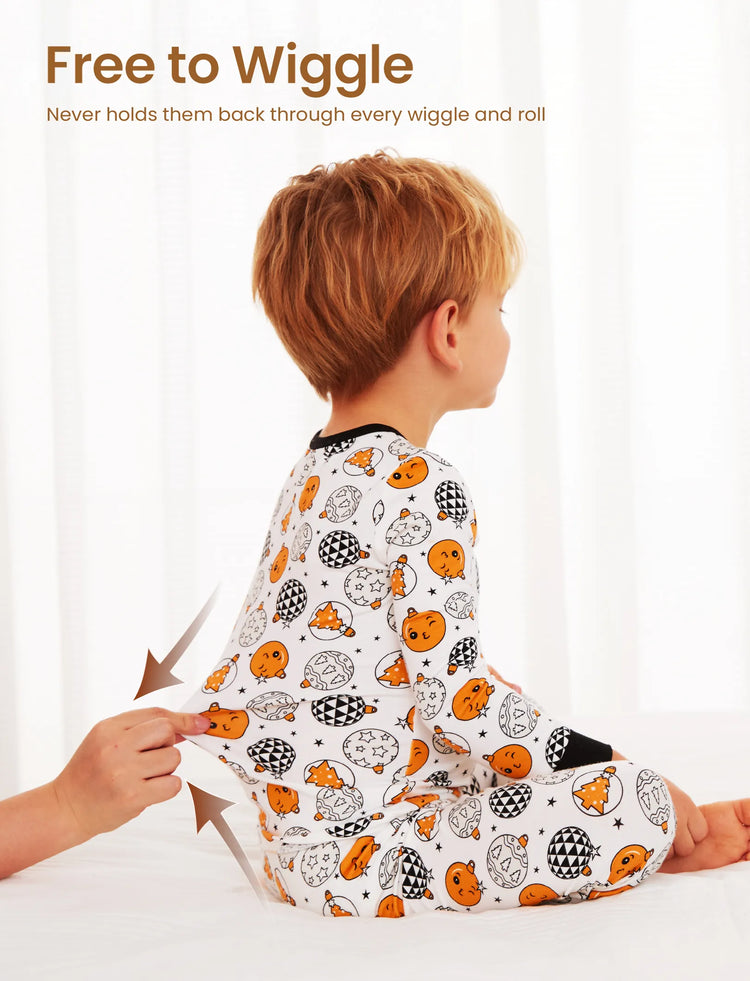 Pyjama de Noël/Halloween 2 pièces en bambou avec imprimé enfantin pour bébé/enfant (coupe ajustée) Orange