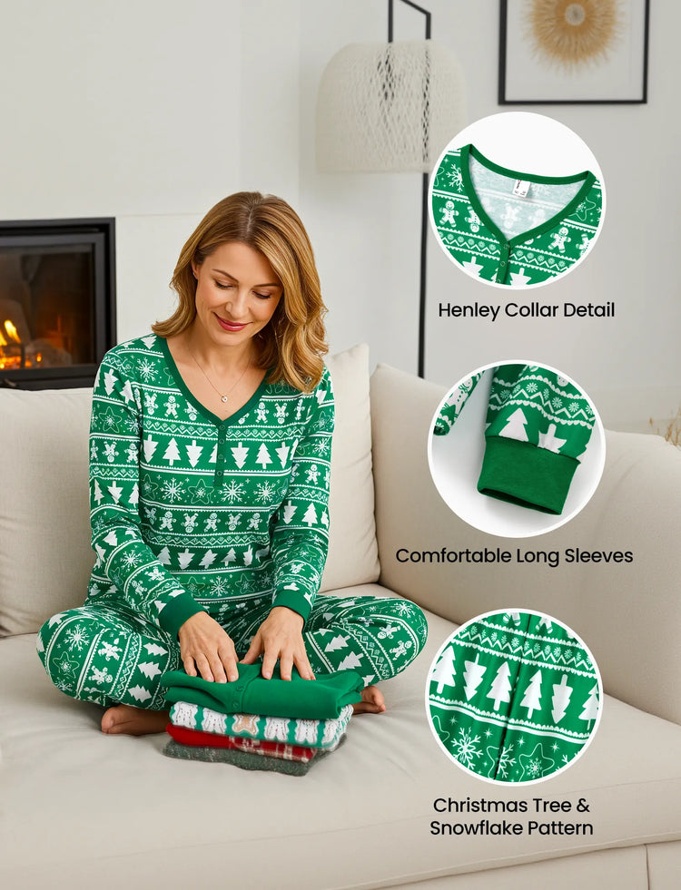 Christmas Matching Family Pajamas Set Gingerbread Man and Snowflake Pattern Long-sleeve Green PJS with Christmas Socks Dark Green