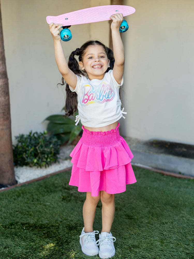 Conjunto de 2 piezas de top de manga corta y falda fruncida de algodón con cordón para niña Barbie, color blanco