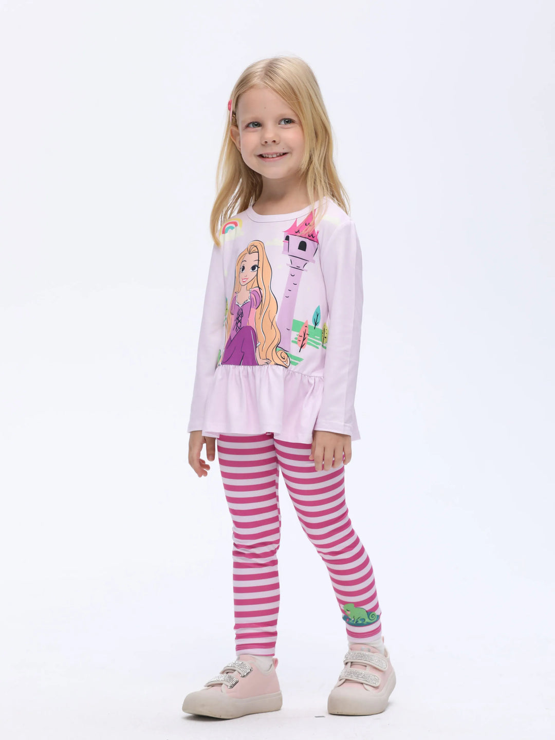 Ensemble 2 pièces Disney Princesse Raiponce pour petite fille, t-shirt à basque et pantalon à rayures, violet clair
