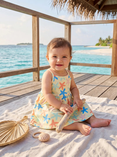 Ocean Vibes Baby Girl Starfish Print Crisscross Back Dress Yellow