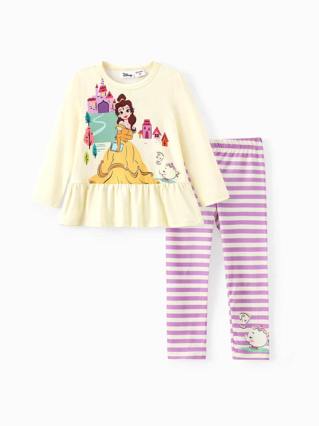 Conjunto de 2 piezas de camiseta peplum con estampado de Bella y pantalón a rayas para niña pequeña de Disney Princess, amarillo