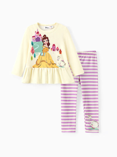 Ensemble 2 pièces t-shirt à basque et pantalon à rayures imprimé Belle pour petite fille Disney Princess, jaune