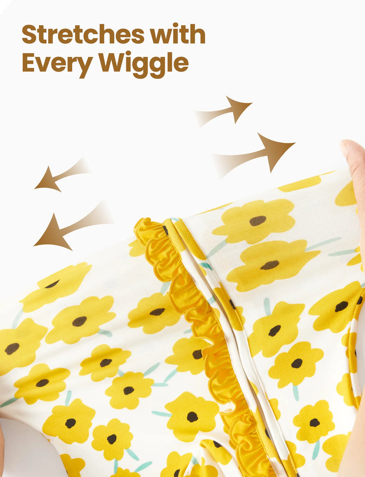 Grenouillère en bambou pour bébé garçon/fille, imprimé animal, fermeture éclair à double sens, antidérapante, manches longues, avec serre-tête, jaune