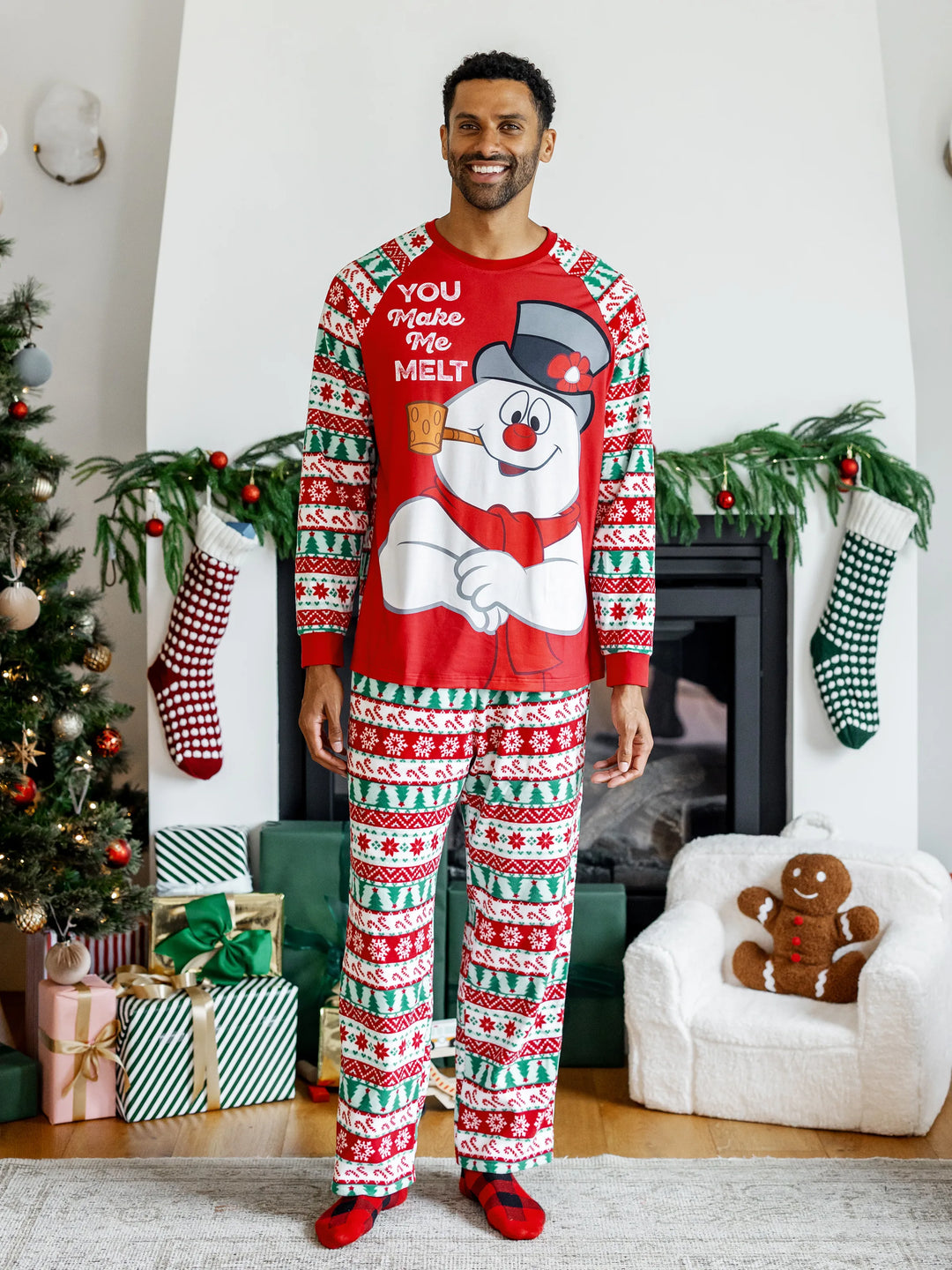 Frosty the Snowman Christmas Family Matching Fair Isle Pattern Polar Fleece Pajamas Set Red