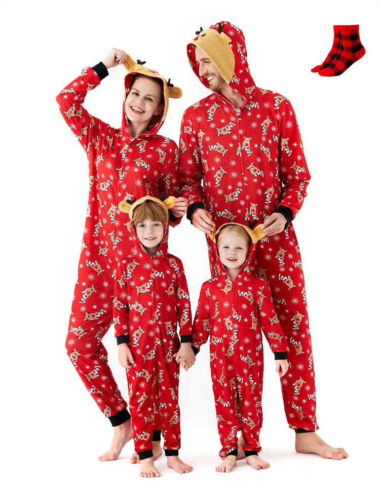 Christmas Matching Family Pajamas Set 3D Reindeer Hooded Allover Reindeer Print Onesie PJS with Christmas Socks Red