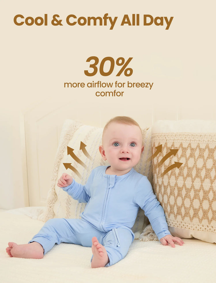 Bamboo Baby Boy/Girl 2-Pack Solid&Bee Printed 2-Way Zipper Anti Slip Footie Blue