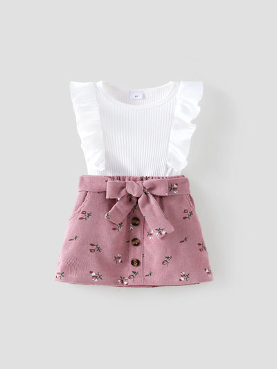 Ensemble 2 pièces pour petite fille, t-shirt sans manches à volants et jupe en velours côtelé à imprimé floral, rose