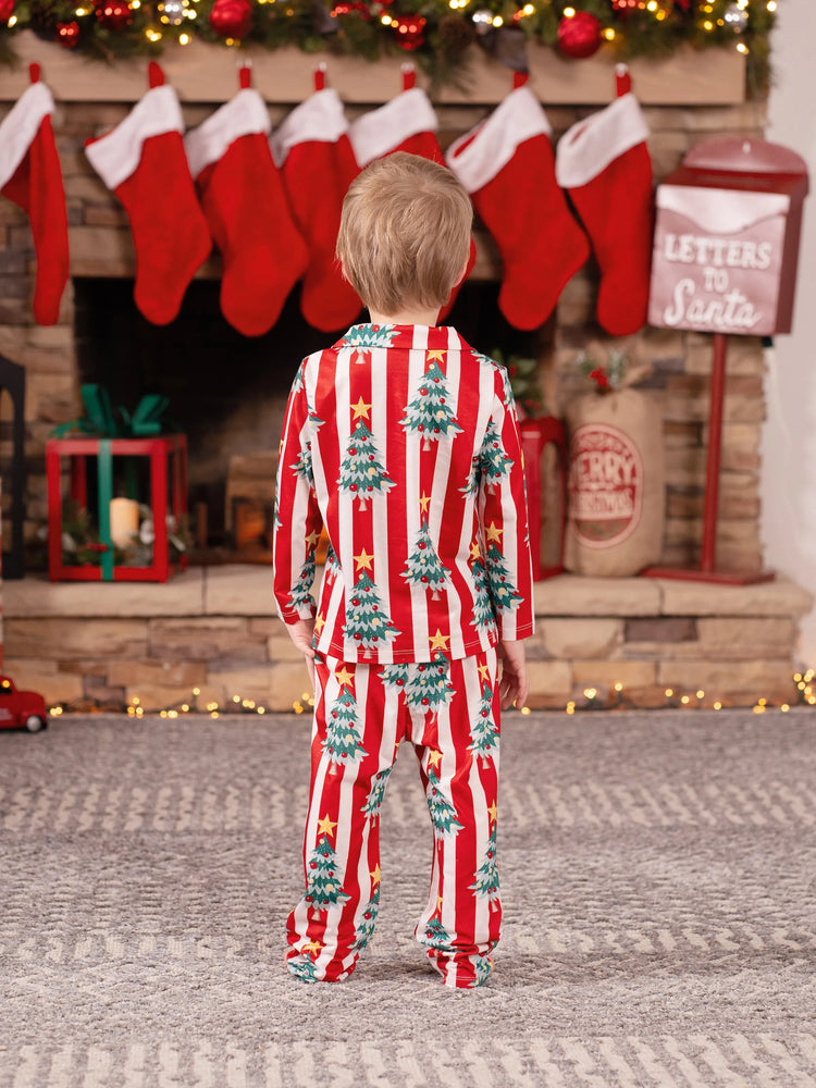 Christmas Family Matching Trees Print Stripes Long-sleeve Pajamas Sets with Christmas Socks Red