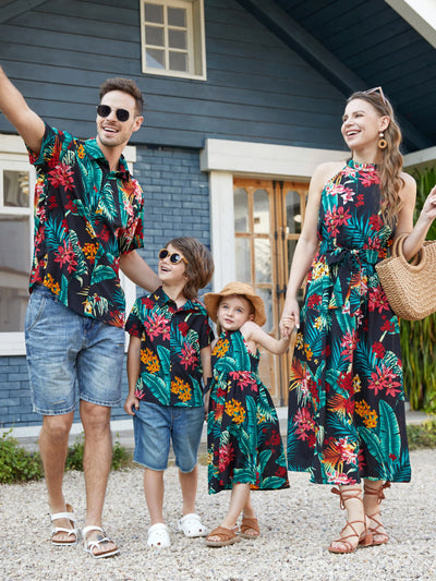 Ensembles assortis pour toute la famille : robes dos nu à imprimé floral et chemises à manches courtes, noir