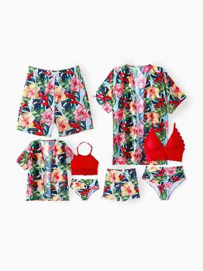Traje de baño familiar con cordón floral a juego o bikini fruncido con borde de concha con cubierta de baño opcional en rojo