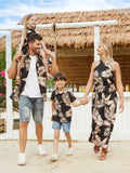 Family Matching Solid Leaf Sleeveless Halter Dresses And Short Sleeve Tops Sets Black