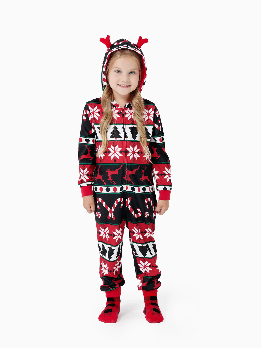 Pyjama de Noël à capuche et fermeture éclair, motif renne 3D, tenues familiales assorties, rouge/noir