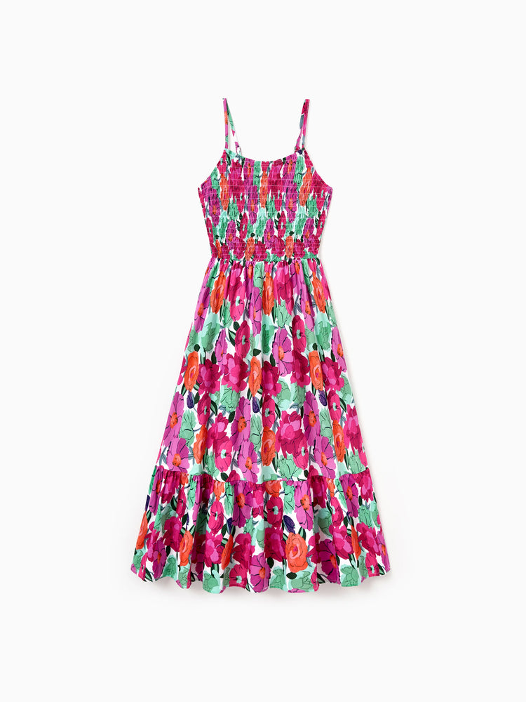 Mom & Me Matching Cotton Vacation Dresses Floral Smocked Dresses with Ruffle Straps for Summer Family Outings & Photos Multi-color