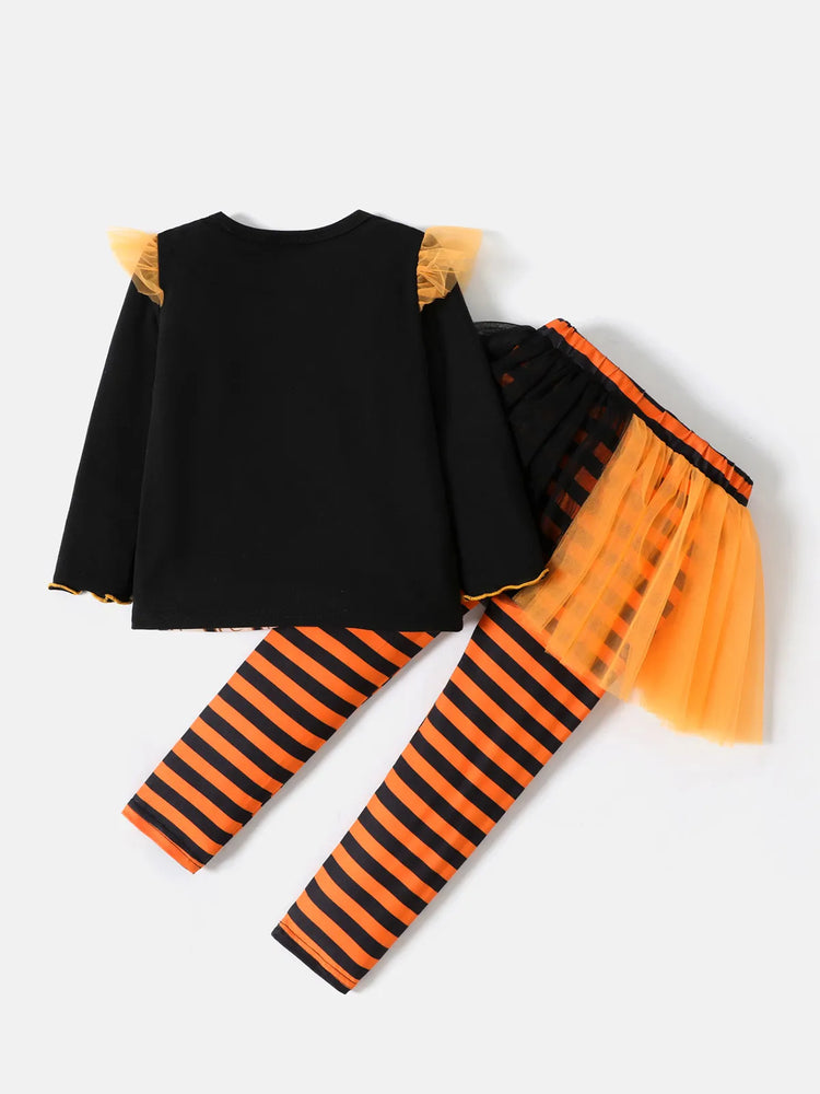 Ensemble 2 pièces Paw Patrol pour petite fille, t-shirt à manches longues et jupe en maille rayée à motif Skye d'Halloween, couleur unie