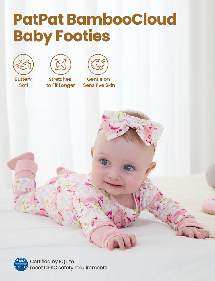 Bamboo Baby Boy/Girl Animal Printed 2-Way Zipper Anti Slip Long-sleeve Footie with Hairband Pink