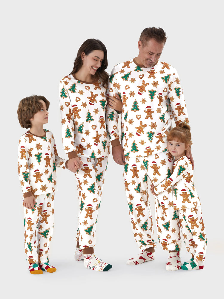 Pyjama de Noël à manches longues et imprimé arbre et bonhomme en pain d'épices, avec chaussettes de Noël, couleur café