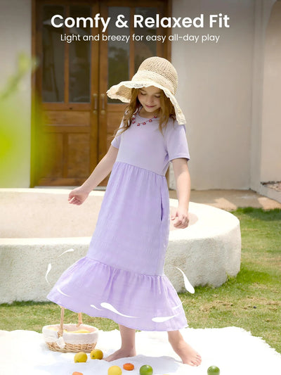 Robe longue décontractée à volants style bohème pour fille avec poches, violet