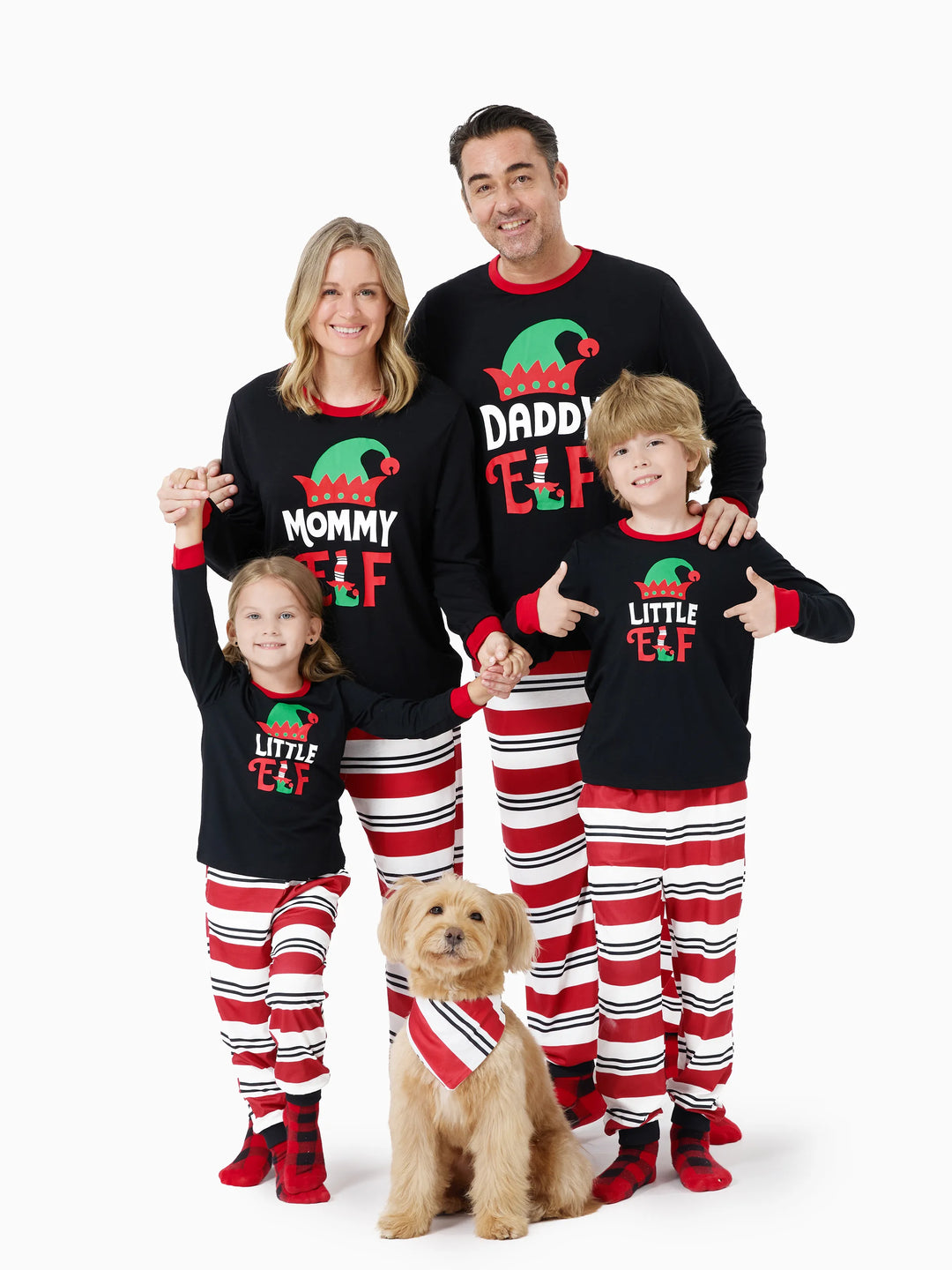 Conjunto de pijama familiar navideño a juego con estampado de elfo y calcetines navideños negros