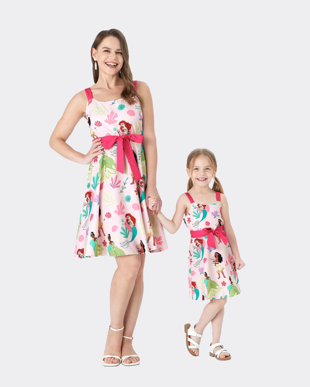 Disney Princess Mommy and Me Moana/Tiana Character and Floral Allover Print Dress Pink