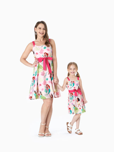 Disney Princess Mommy and Me Moana/Tiana Character and Floral Allover Print Dress Pink