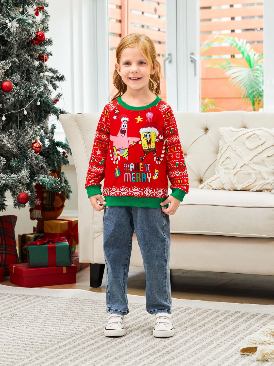 SpongeBob SquarePants Family matching 1pc Christmas Pattern Long-sleeve Sweatshirt/Jumpsuit 
 Red